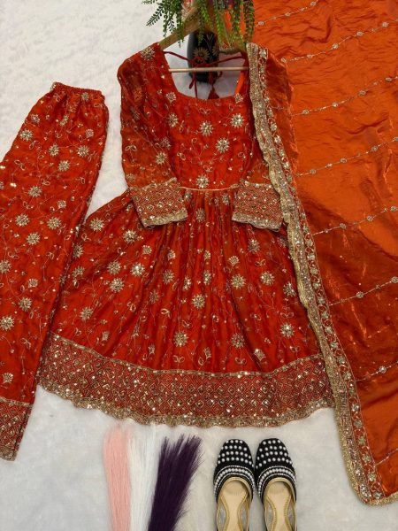 Charming orange  Heavy Fandy Silk Gown Set with Embroidery Sequence Work Ready To Wear Collection
