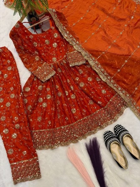 Charming orange  Heavy Fandy Silk Gown Set with Embroidery Sequence Work Ready To Wear Collection