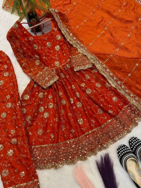 Charming orange  Heavy Fandy Silk Gown Set with Embroidery Sequence Work Ready To Wear Collection