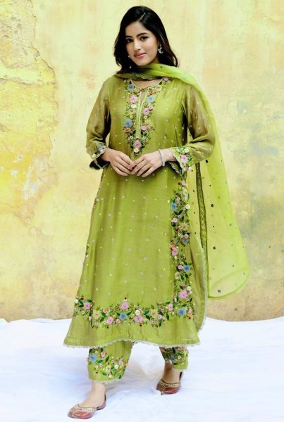 Charming Parrot Green Embroidered Georgette Suit Set for Exporters at Manufacturer Rate Embroidery Kurtis 