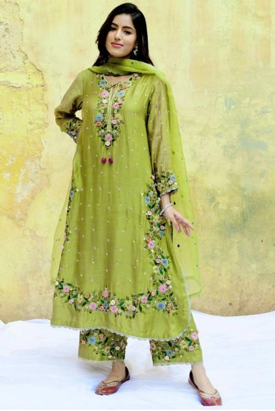 Charming Parrot Green Embroidered Georgette Suit Set for Exporters at Manufacturer Rate Embroidery Kurtis 