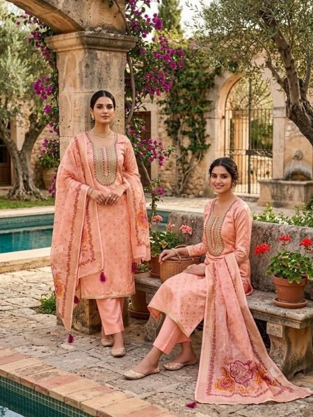 Charming Peach Designer Modal Rajwadi Weaving Suit Material with Foil Mirror Work 