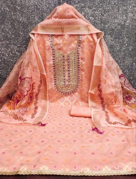 Charming Peach Designer Modal Rajwadi Weaving Suit Material with Foil Mirror Work Color Set Matching Dress Material Wholesale