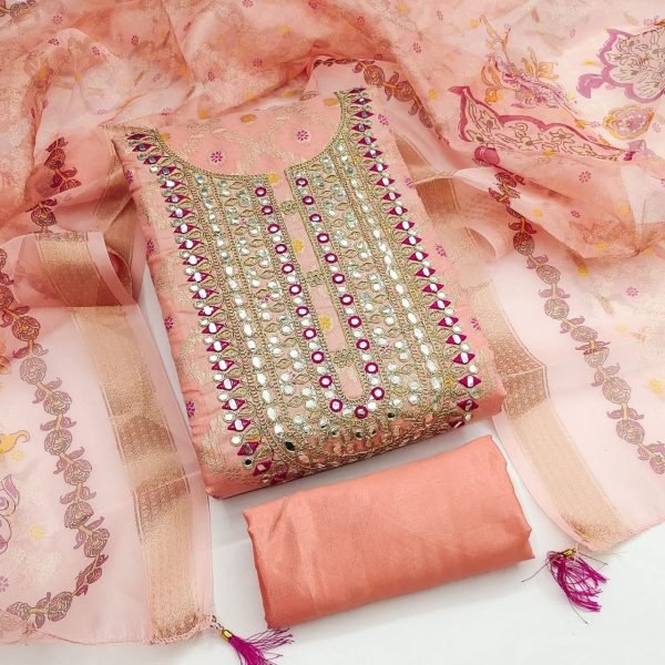 Charming Peach Designer Modal Rajwadi Weaving Suit Material with Foil Mirror Work Color Set Matching Dress Material Wholesale