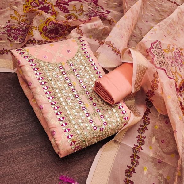 Charming Peach Designer Modal Rajwadi Weaving Suit Material with Foil Mirror Work Color Set Matching Dress Material Wholesale