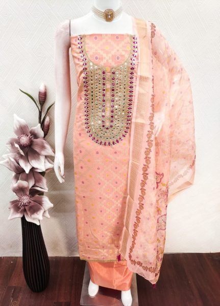 Charming Peach Designer Modal Rajwadi Weaving Suit Material with Foil Mirror Work Color Set Matching Dress Material Wholesale