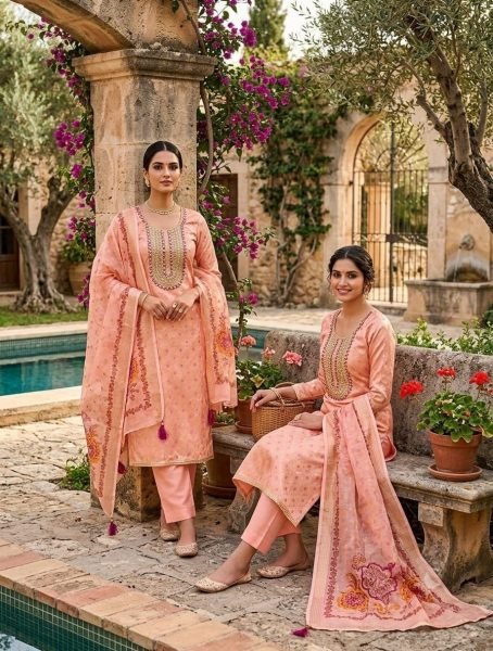 Charming Peach Designer Modal Rajwadi Weaving Suit Material with Foil Mirror Work Color Set Matching Dress Material Wholesale