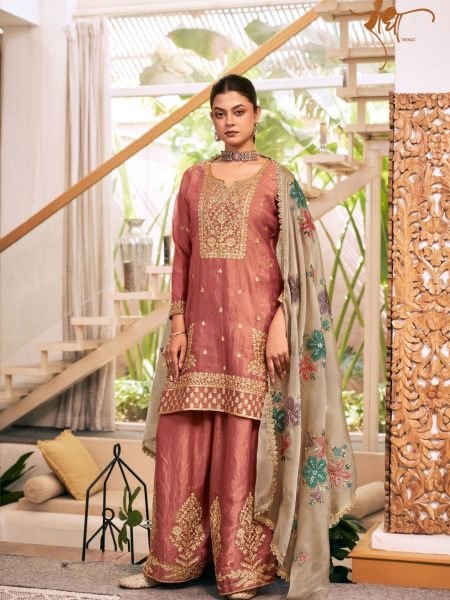 Charming Peach Fendy Silk Plazo Suit Set with Heavy Embroidered Work For Wedding 