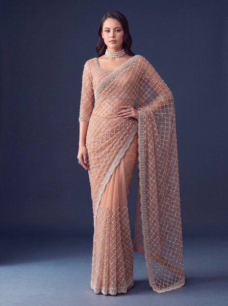Charming Peach Heavy Beads Sequin Pearl Work Net Saree for Festival Wear Bollywood Fancy Sarees Wholesale