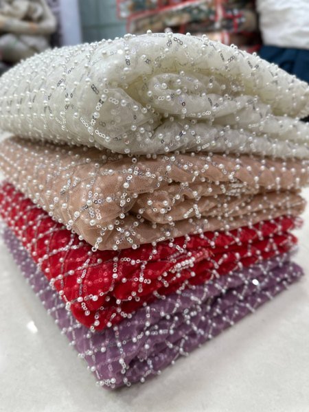 Charming Peach Heavy Beads Sequin Pearl Work Net Saree for Festival Wear Bollywood Fancy Sarees Wholesale