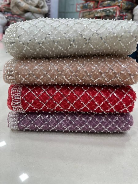 Charming Peach Heavy Beads Sequin Pearl Work Net Saree for Festival Wear Bollywood Fancy Sarees Wholesale