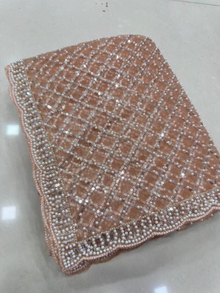 Charming Peach Heavy Beads Sequin Pearl Work Net Saree for Festival Wear Bollywood Fancy Sarees Wholesale