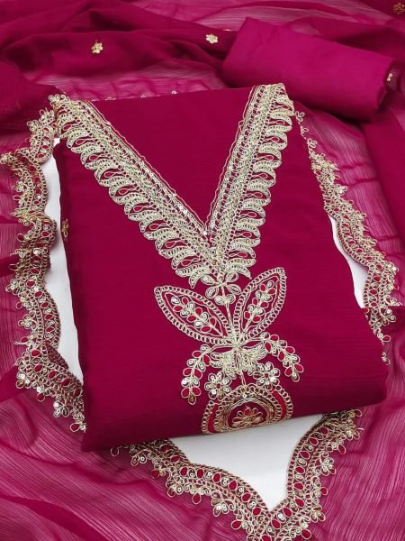 Charming Pink Zomato Silk Suit with Handcrafted Neck Work Perfect Wedding Outfit Dress Material 