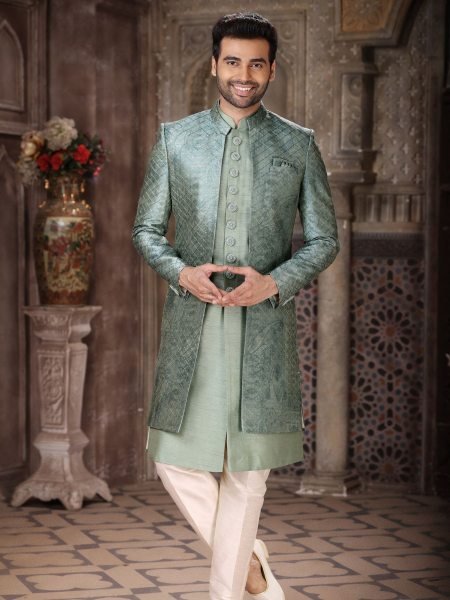 Charming Pista Banarasi Jacquard Indo Western Set for Men Designer Wear Mens Wear