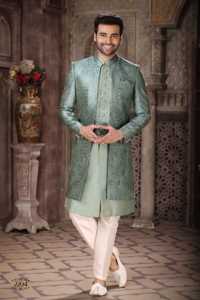 Charming Pista Banarasi Jacquard Indo Western Set for Men Designer Wear Kurta Pajama Wholesale
