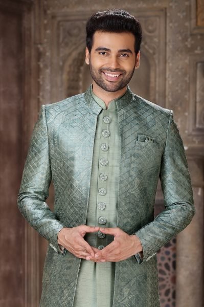 Charming Pista Banarasi Jacquard Indo Western Set for Men Designer Wear Kurta Pajama Wholesale