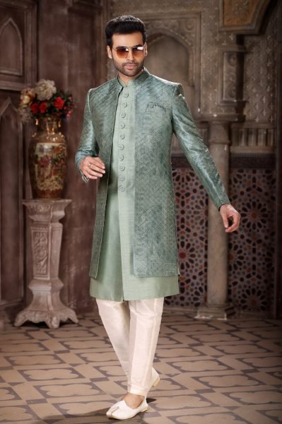 Charming Pista Banarasi Jacquard Indo Western Set for Men Designer Wear Kurta Pajama Wholesale