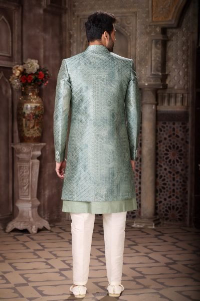 Charming Pista Banarasi Jacquard Indo Western Set for Men Designer Wear Kurta Pajama Wholesale