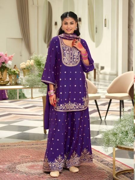Charming Purple Chinon Embroidered Top Plazo Dupatta Set with Sequins For Festival Salwar Kameez