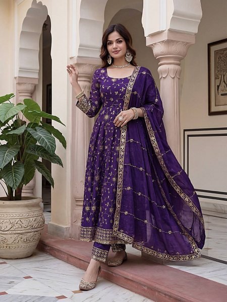 Charming Purple Designer Gown with Full Embroidery and Matching Bottom Ready To Wear Suit