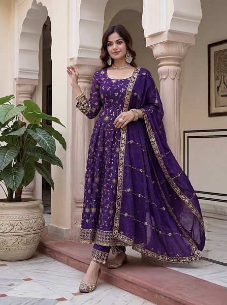 Charming Purple Designer Gown with Full Embroidery and Matching Bottom Ready To Wear Collection