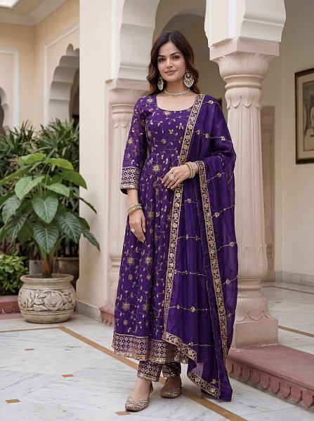 Charming Purple Designer Gown with Full Embroidery and Matching Bottom Ready To Wear Collection