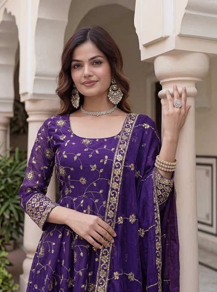 Charming Purple Designer Gown with Full Embroidery and Matching Bottom Ready To Wear Collection