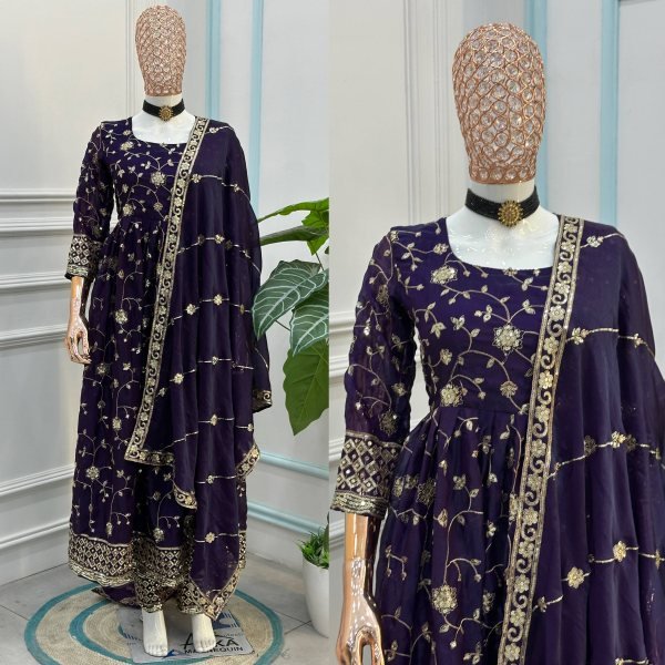 Charming Purple Designer Gown with Full Embroidery and Matching Bottom Ready To Wear Collection