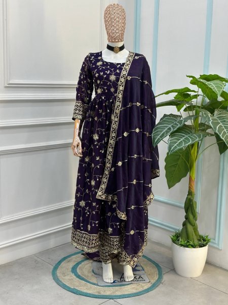 Charming Purple Designer Gown with Full Embroidery and Matching Bottom Ready To Wear Collection