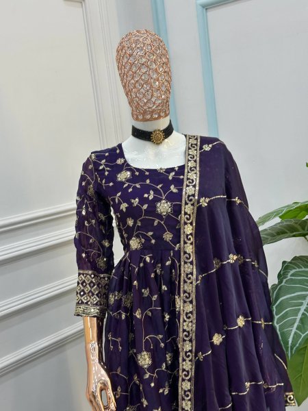 Charming Purple Designer Gown with Full Embroidery and Matching Bottom Ready To Wear Collection