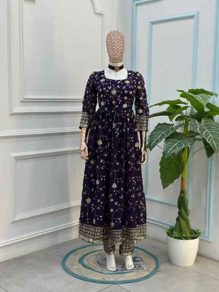 Charming Purple Designer Gown with Full Embroidery and Matching Bottom Ready To Wear Collection