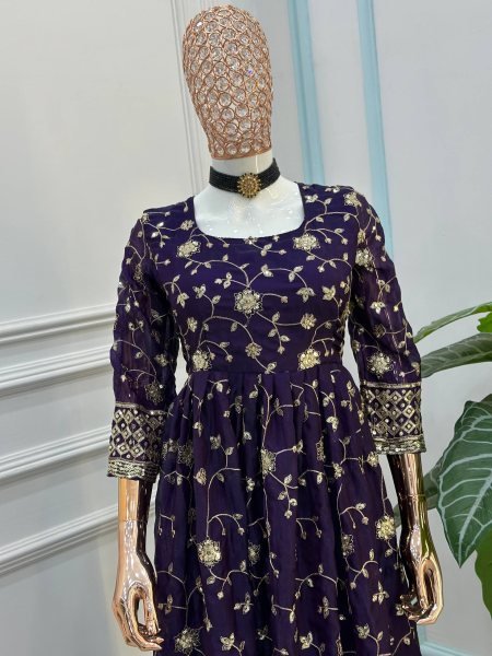 Charming Purple Designer Gown with Full Embroidery and Matching Bottom Ready To Wear Collection