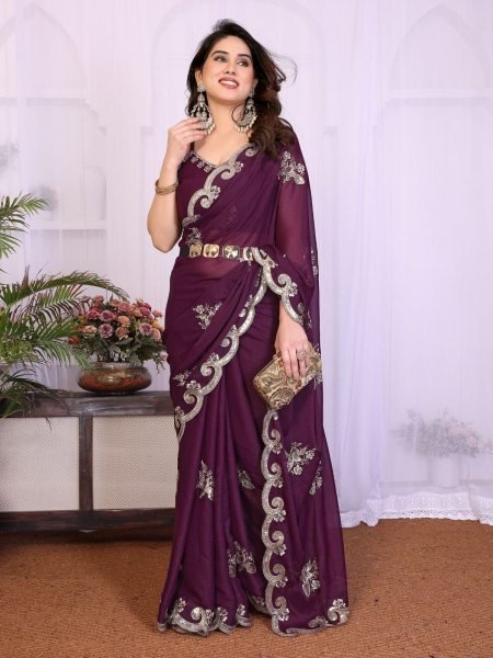 Charming Purple Georgette Silk Saree with Embroidery Work For Bulk Order Silk Sarees Wholesale