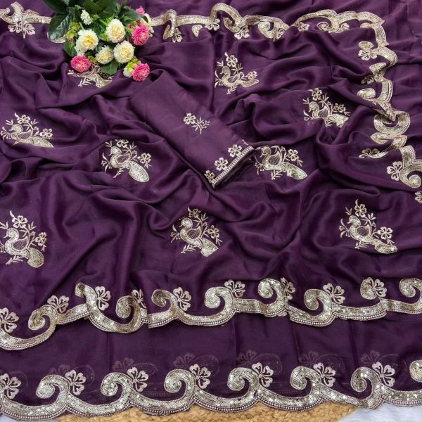 Charming Purple Georgette Silk Saree with Embroidery Work For Bulk Order Silk Sarees Wholesale