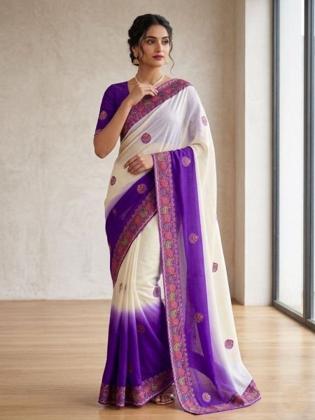 Charming Purple Handcrafted Georgette Silk Saree with Fancy Dori and Sequin Work Sarees 