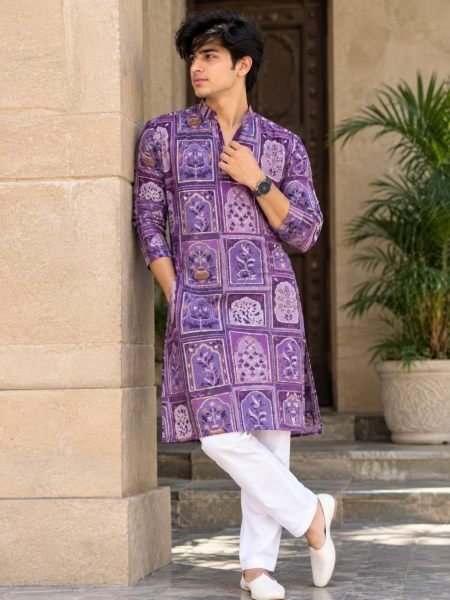Charming Purple Men’s Heavy Work Chinon Kurta with Polo Pant Set at Wholesale Rate 