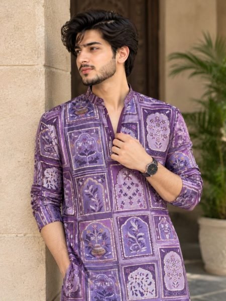 Charming Purple Men’s Heavy Work Chinon Kurta with Polo Pant Set at Wholesale Rate Kurta Pajama Wholesale