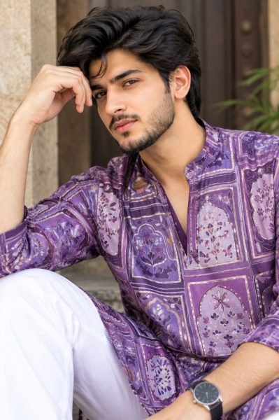 Charming Purple Men’s Heavy Work Chinon Kurta with Polo Pant Set at Wholesale Rate Kurta Pajama Wholesale