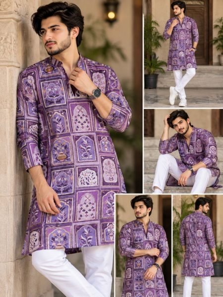 Charming Purple Men’s Heavy Work Chinon Kurta with Polo Pant Set at Wholesale Rate Kurta Pajama Wholesale