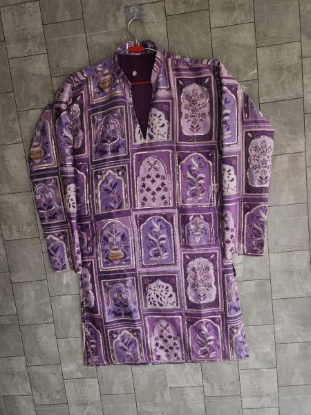 Charming Purple Men’s Heavy Work Chinon Kurta with Polo Pant Set at Wholesale Rate Kurta Pajama Wholesale