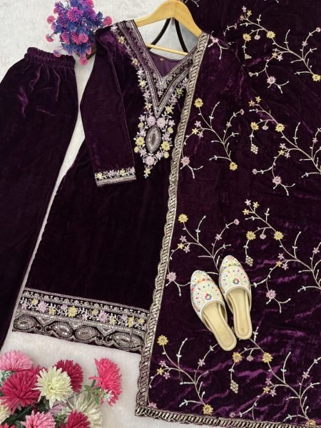Charming Purple Viscose Velvet Embroidered Sequence Suit Set with Cut Work Dupatta for Party Wear Ready To Wear Collection