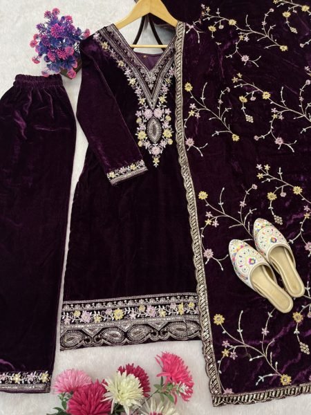 Charming Purple Viscose Velvet Embroidered Sequence Suit Set with Cut Work Dupatta for Party Wear Ready To Wear Collection