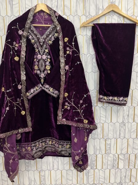 Charming Purple Viscose Velvet Embroidered Sequence Suit Set with Cut Work Dupatta for Party Wear Ready To Wear Collection