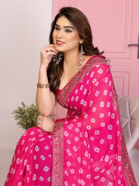 Charming Rani Pink Bandhej Georgette Saree for Festive Wear at Bulk Rate Sarees 