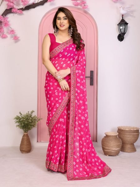 Charming Rani Pink Bandhej Georgette Saree for Festive Wear at Bulk Rate Georgette Sarees Wholesale