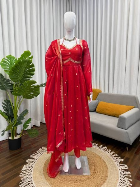 Charming Red Fendy Silk Kurti Set with Sequence Embroidery   Lace Dupatta Festive Ready Outfit Georgette Kurti 