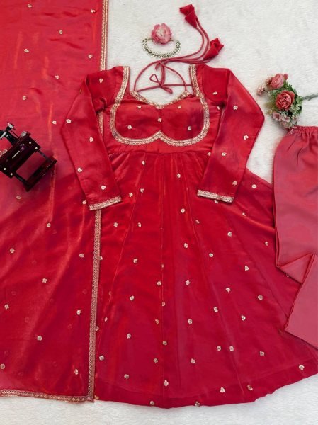 Charming Red Fendy Silk Kurti Set with Sequence Embroidery   Lace Dupatta Festive Ready Outfit Georgette Kurti 