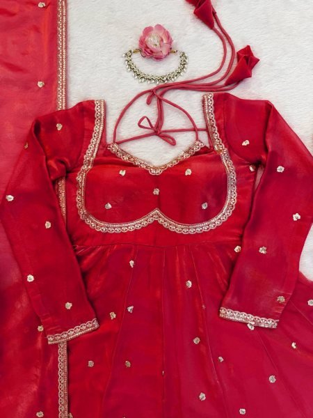 Charming Red Fendy Silk Kurti Set with Sequence Embroidery   Lace Dupatta Festive Ready Outfit Georgette Kurti 