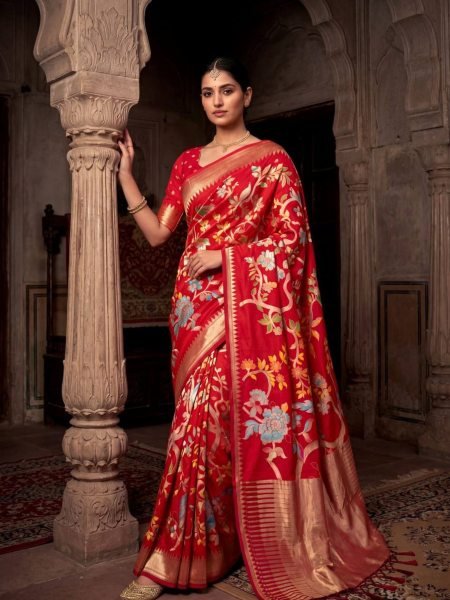Charming Red Hand Dyed Silk Saree with Weaving Pattern for Ethnic Wear Sarees 