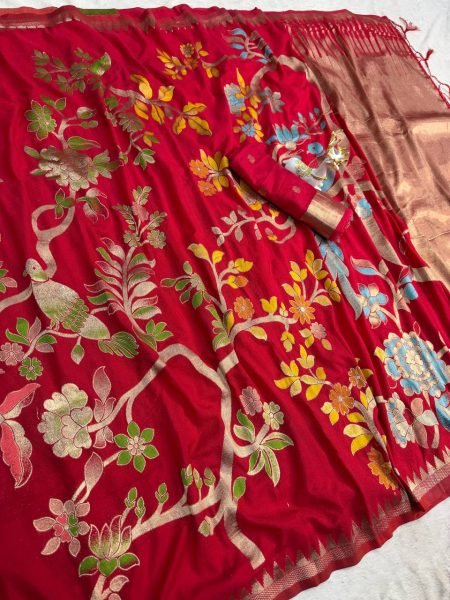 Charming Red Hand Dyed Silk Saree with Weaving Pattern for Ethnic Wear Silk Sarees Wholesale